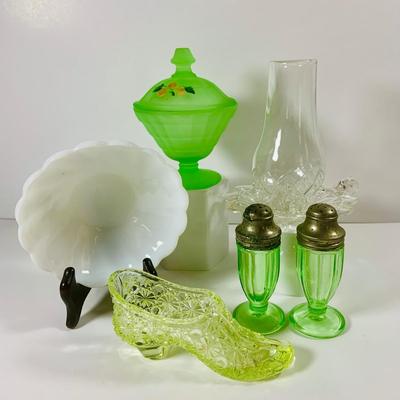 LOT 194: Uranimum Glass Salt and Pepper Shakers, Daisy and Button Vaseline Glass Slipper, Uranium Glass Covered Candy Dish with Painted...