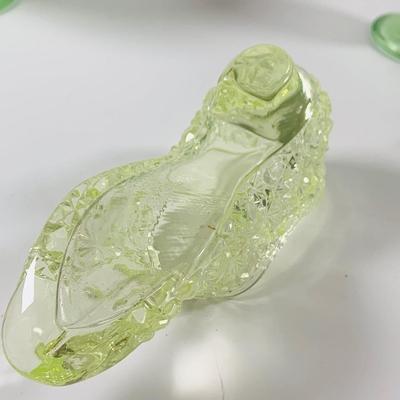LOT 194: Uranimum Glass Salt and Pepper Shakers, Daisy and Button Vaseline Glass Slipper, Uranium Glass Covered Candy Dish with Painted...