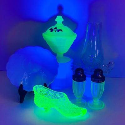 LOT 194: Uranimum Glass Salt and Pepper Shakers, Daisy and Button Vaseline Glass Slipper, Uranium Glass Covered Candy Dish with Painted...