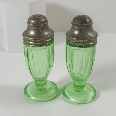 LOT 194: Uranimum Glass Salt and Pepper Shakers, Daisy and Button Vaseline Glass Slipper, Uranium Glass Covered Candy Dish with Painted...