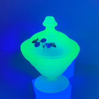 LOT 194: Uranimum Glass Salt and Pepper Shakers, Daisy and Button Vaseline Glass Slipper, Uranium Glass Covered Candy Dish with Painted...