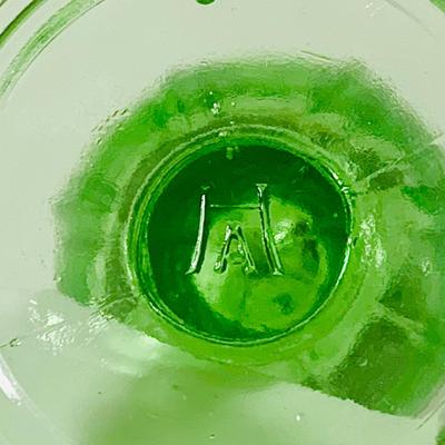 LOT 194: Uranimum Glass Salt and Pepper Shakers, Daisy and Button Vaseline Glass Slipper, Uranium Glass Covered Candy Dish with Painted...