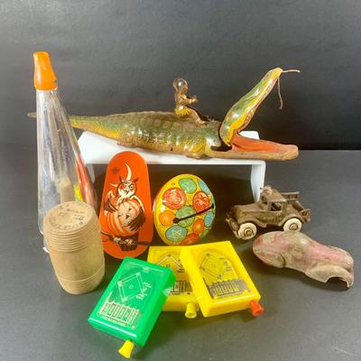 LOT 197: Vintage Toys Including Noise Makers Pin-Bo Sport-o-Rama Real Action Baseball Games, Toy Cars, J Chein Tin Wind-Up Alligator Toy...