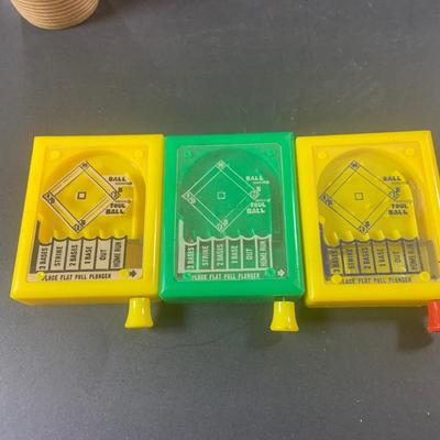 LOT 197: Vintage Toys Including Noise Makers Pin-Bo Sport-o-Rama Real Action Baseball Games, Toy Cars, J Chein Tin Wind-Up Alligator Toy...