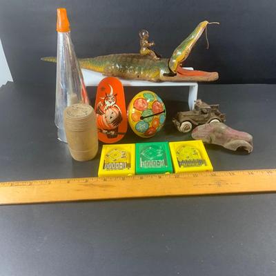 LOT 197: Vintage Toys Including Noise Makers Pin-Bo Sport-o-Rama Real Action Baseball Games, Toy Cars, J Chein Tin Wind-Up Alligator Toy...