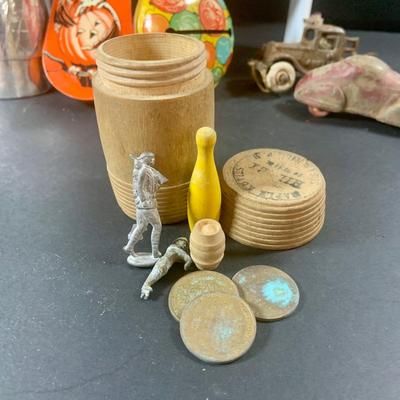 LOT 197: Vintage Toys Including Noise Makers Pin-Bo Sport-o-Rama Real Action Baseball Games, Toy Cars, J Chein Tin Wind-Up Alligator Toy...