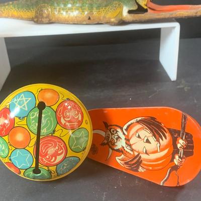 LOT 197: Vintage Toys Including Noise Makers Pin-Bo Sport-o-Rama Real Action Baseball Games, Toy Cars, J Chein Tin Wind-Up Alligator Toy...