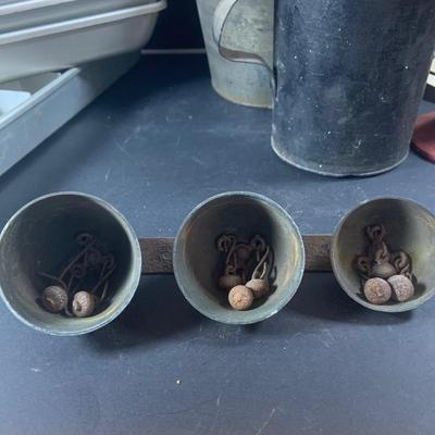 LOT 198: Primitive Kitchen Collection Including a Cast Iron Flat Griddle, Figidare Metal Icecube Tray, Tin Pudding Mold and Much More