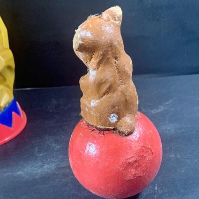 LOT 199: Circus Collection Including a Vintage Rolly Polly Clown, Bear on a Ball, Tin Toy Horse, Ringling Bros Lion Mug, Milk Glass Clown...