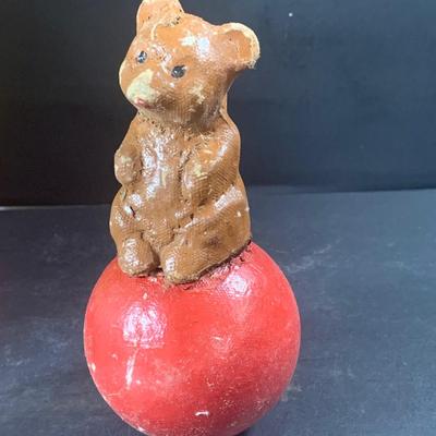 LOT 199: Circus Collection Including a Vintage Rolly Polly Clown, Bear on a Ball, Tin Toy Horse, Ringling Bros Lion Mug, Milk Glass Clown...