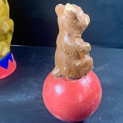 LOT 199: Circus Collection Including a Vintage Rolly Polly Clown, Bear on a Ball, Tin Toy Horse, Ringling Bros Lion Mug, Milk Glass Clown...