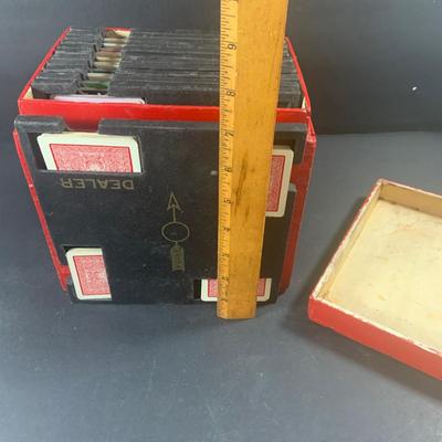 LOT 204: Wood Poker Chip/Card Holders and a Vintage Set of Bridge Card Game Dealer Deck Holders Set of 10 In Red Wooden Box