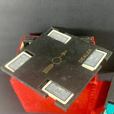LOT 204: Wood Poker Chip/Card Holders and a Vintage Set of Bridge Card Game Dealer Deck Holders Set of 10 In Red Wooden Box