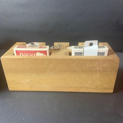 LOT 204: Wood Poker Chip/Card Holders and a Vintage Set of Bridge Card Game Dealer Deck Holders Set of 10 In Red Wooden Box