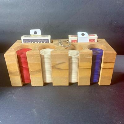 LOT 204: Wood Poker Chip/Card Holders and a Vintage Set of Bridge Card Game Dealer Deck Holders Set of 10 In Red Wooden Box