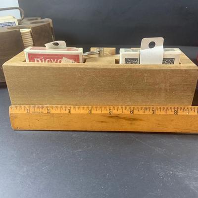 LOT 204: Wood Poker Chip/Card Holders and a Vintage Set of Bridge Card Game Dealer Deck Holders Set of 10 In Red Wooden Box