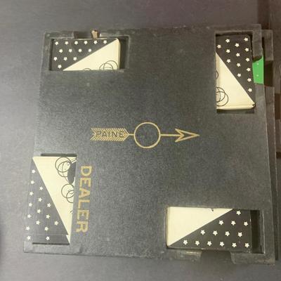 LOT 204: Wood Poker Chip/Card Holders and a Vintage Set of Bridge Card Game Dealer Deck Holders Set of 10 In Red Wooden Box