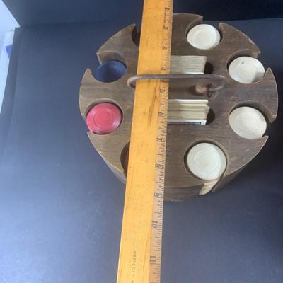 LOT 204: Wood Poker Chip/Card Holders and a Vintage Set of Bridge Card Game Dealer Deck Holders Set of 10 In Red Wooden Box