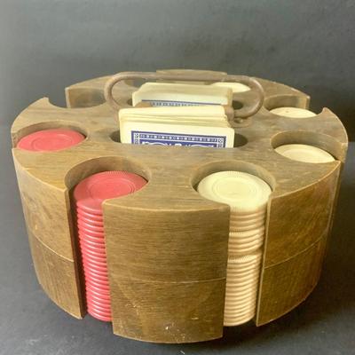 LOT 204: Wood Poker Chip/Card Holders and a Vintage Set of Bridge Card Game Dealer Deck Holders Set of 10 In Red Wooden Box