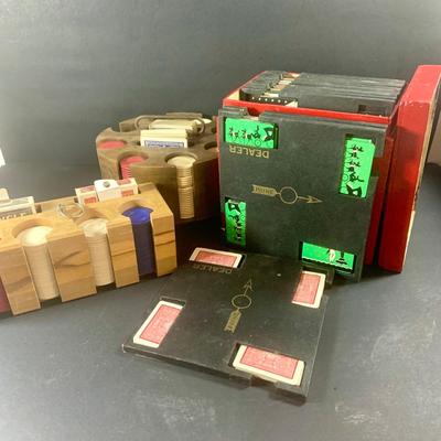 LOT 204: Wood Poker Chip/Card Holders and a Vintage Set of Bridge Card Game Dealer Deck Holders Set of 10 In Red Wooden Box