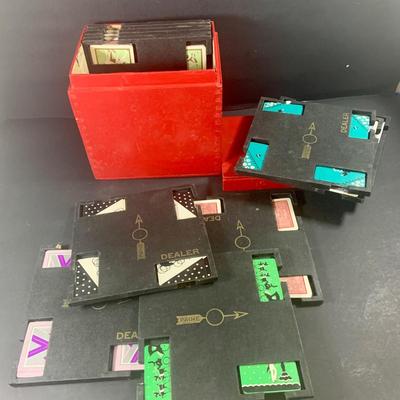 LOT 204: Wood Poker Chip/Card Holders and a Vintage Set of Bridge Card Game Dealer Deck Holders Set of 10 In Red Wooden Box