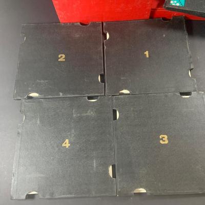 LOT 204: Wood Poker Chip/Card Holders and a Vintage Set of Bridge Card Game Dealer Deck Holders Set of 10 In Red Wooden Box