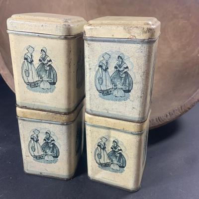 LOT 206: Vintage Jadeite Salt, Pepper, Sugar and Flour Shakers, Spice Tins, Large Wood Bread Bowl and Rolling PIn