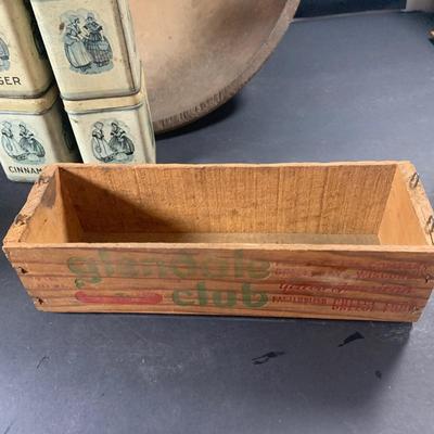 LOT 206: Vintage Jadeite Salt, Pepper, Sugar and Flour Shakers, Spice Tins, Large Wood Bread Bowl and Rolling PIn