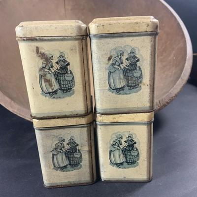 LOT 206: Vintage Jadeite Salt, Pepper, Sugar and Flour Shakers, Spice Tins, Large Wood Bread Bowl and Rolling PIn