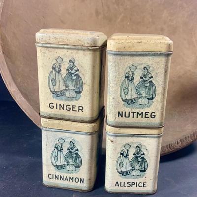 LOT 206: Vintage Jadeite Salt, Pepper, Sugar and Flour Shakers, Spice Tins, Large Wood Bread Bowl and Rolling PIn