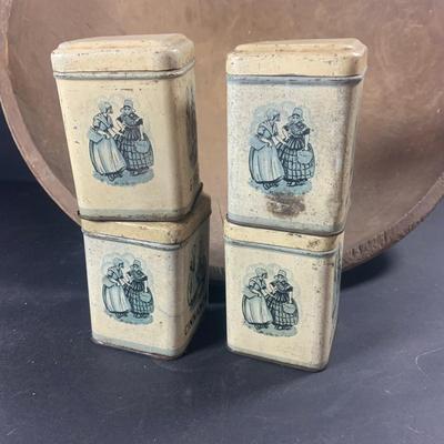 LOT 206: Vintage Jadeite Salt, Pepper, Sugar and Flour Shakers, Spice Tins, Large Wood Bread Bowl and Rolling PIn