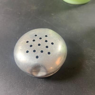 LOT 206: Vintage Jadeite Salt, Pepper, Sugar and Flour Shakers, Spice Tins, Large Wood Bread Bowl and Rolling PIn