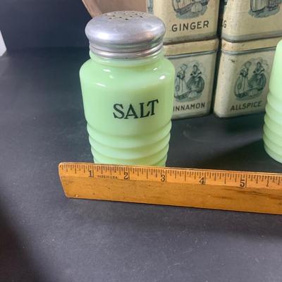 LOT 206: Vintage Jadeite Salt, Pepper, Sugar and Flour Shakers, Spice Tins, Large Wood Bread Bowl and Rolling PIn