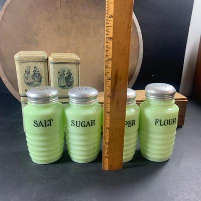 LOT 206: Vintage Jadeite Salt, Pepper, Sugar and Flour Shakers, Spice Tins, Large Wood Bread Bowl and Rolling PIn