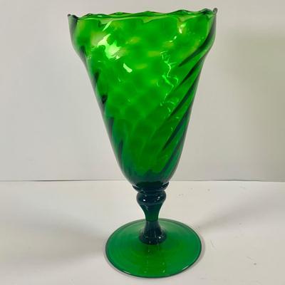 LOT 211: Beautiful Collection of Art Glass Including Large White Sniftner Goblet Made in Italy, Green Vase and Ruffled Top Amber Vase