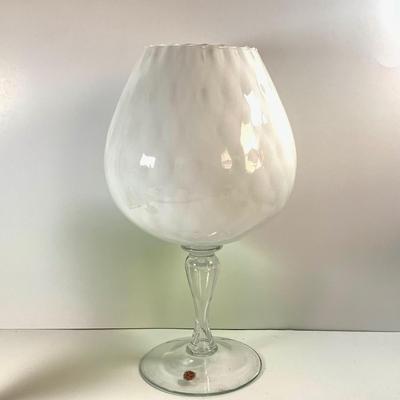 LOT 211: Beautiful Collection of Art Glass Including Large White Sniftner Goblet Made in Italy, Green Vase and Ruffled Top Amber Vase