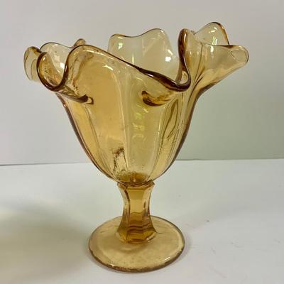 LOT 211: Beautiful Collection of Art Glass Including Large White Sniftner Goblet Made in Italy, Green Vase and Ruffled Top Amber Vase