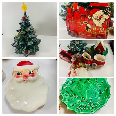 LOT 212: Large Assortment of Vintage Holiday Decorations Including an Holland Mold Plate, Atlantic Mold Tree, Lefton Boot, and Much More