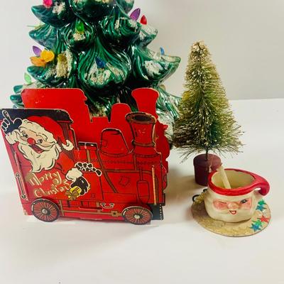 LOT 212: Large Assortment of Vintage Holiday Decorations Including an Holland Mold Plate, Atlantic Mold Tree, Lefton Boot, and Much More