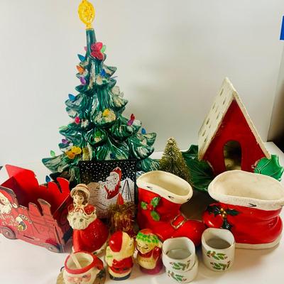 LOT 212: Large Assortment of Vintage Holiday Decorations Including an Holland Mold Plate, Atlantic Mold Tree, Lefton Boot, and Much More