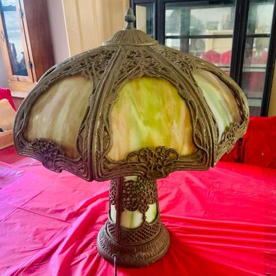 LOT 213: Antique Art Nouveau Slag Glass Table Lamp with Lighted Base