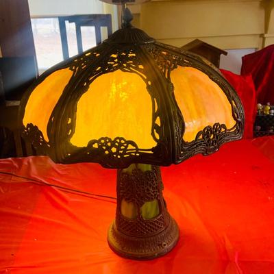 LOT 213: Antique Art Nouveau Slag Glass Table Lamp with Lighted Base