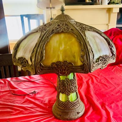 LOT 213: Antique Art Nouveau Slag Glass Table Lamp with Lighted Base
