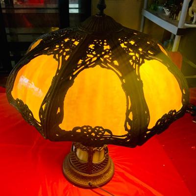 LOT 213: Antique Art Nouveau Slag Glass Table Lamp with Lighted Base