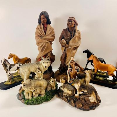 LOT 214: Southwesten Inspired Lot of Figurines Including Tom Clark Native American Statues, Wolf and Horse Figurines