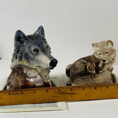 LOT 215: Beautiful Wolf Figurines- Bradford Exchange Number "Guardian Spirit" and Lenox 1991 "Keeping Warm"