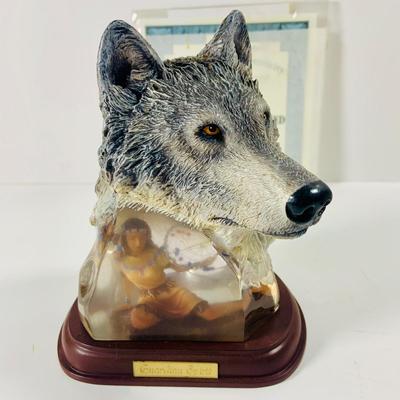 LOT 215: Beautiful Wolf Figurines- Bradford Exchange Number "Guardian Spirit" and Lenox 1991 "Keeping Warm"
