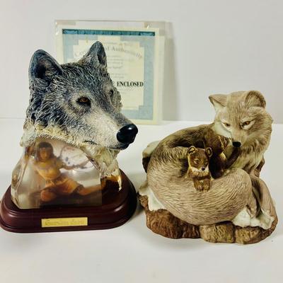 LOT 215: Beautiful Wolf Figurines- Bradford Exchange Number "Guardian Spirit" and Lenox 1991 "Keeping Warm"