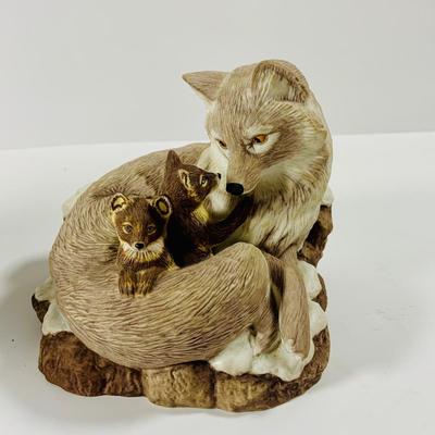 LOT 215: Beautiful Wolf Figurines- Bradford Exchange Number "Guardian Spirit" and Lenox 1991 "Keeping Warm"