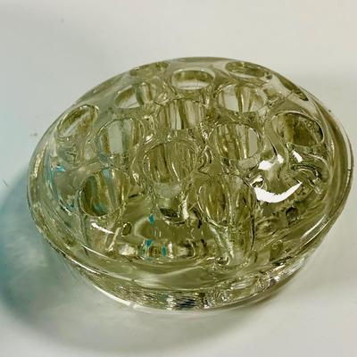 LOT 216: Beautiful Art Deco Blue Art Glass Cupped Bowl with Flower Frog